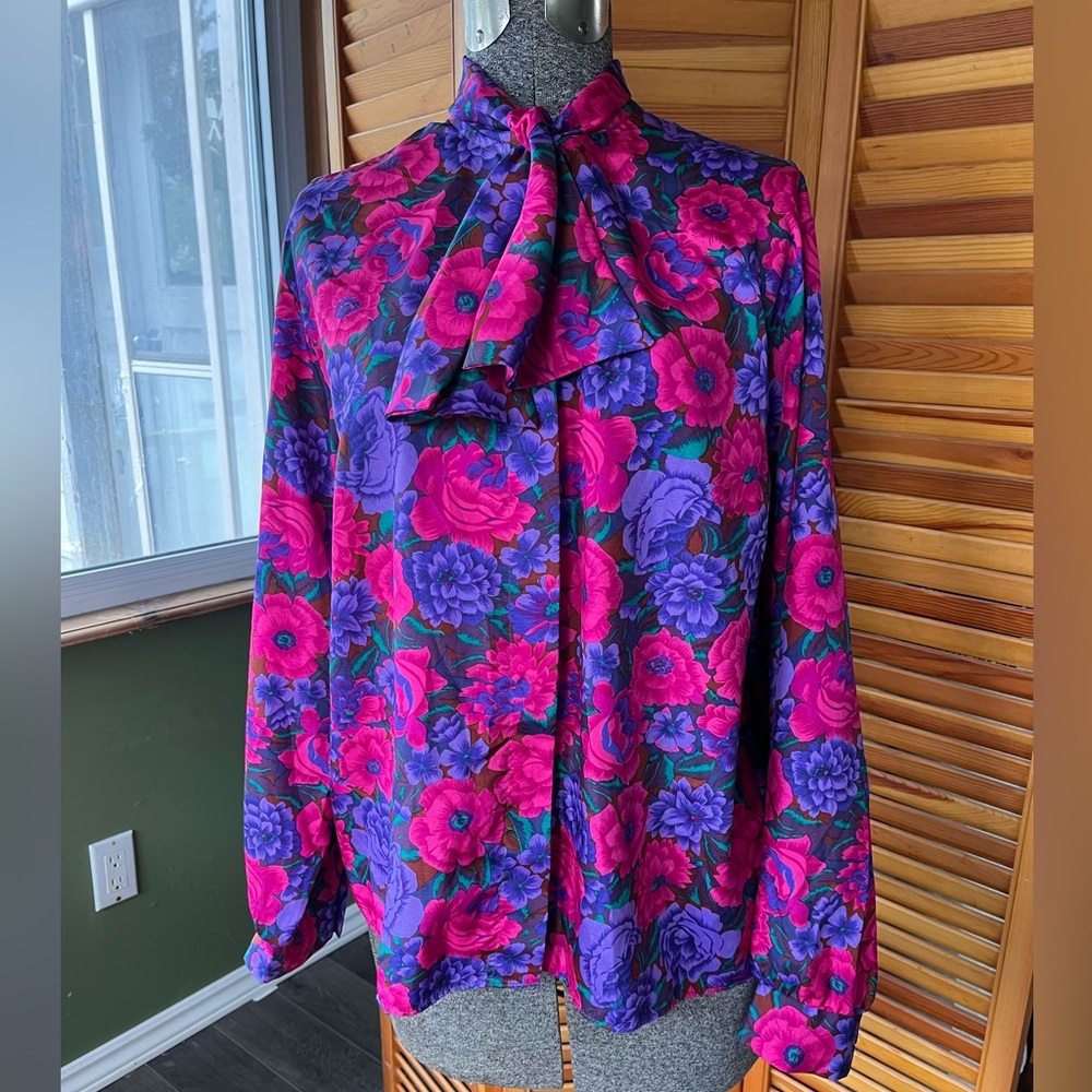 Vibrant Floral Pussybow Blouse - Magenta & Purple